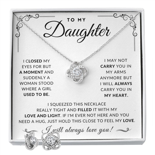 To My Daughter - In My Heart - Love Knot Necklace + Earrings Gift Set